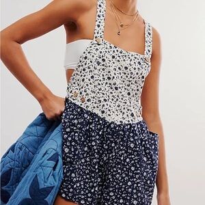 Free People Navy and White Floral Romper Overalls